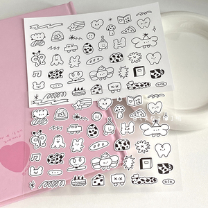 黑白简笔画蘑菇面包手账贴纸手机壳DIY装饰线条猫猫手帐素材贴画