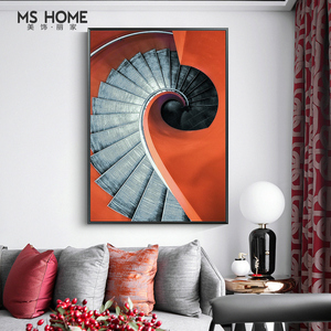 简约客厅壁画餐厅挂画北欧创意沙发装饰画现代建筑旋转楼梯橙色画