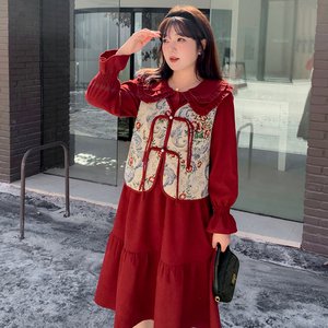 新中式中国风大码女装减龄套装胖mm娃娃领a字裙马甲两件套 秋冬款
