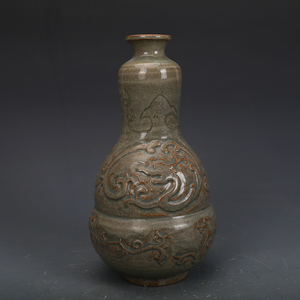 宋瓷收藏耀州窑雕刻缠枝葫芦瓶古董古玩旧货老货收藏摆件