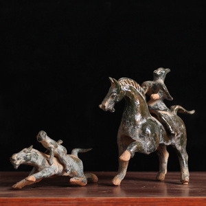 汉代陶马汉绿釉马上人仿古陶器骑马俑摆件古玩收藏装饰复古家居