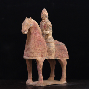 汉代陶马陶俑中式摆件骑兵俑武士俑马上人软装仿古画彩陶器收藏品