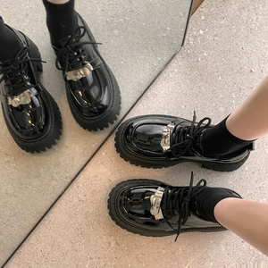 黑色小皮鞋女2024年秋季新款厚底增高乐福鞋时尚百搭粗跟甜酷单鞋
