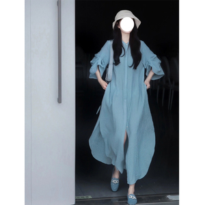 多巴胺蓝色雪纺衬衫连衣裙女2024夏季新款娃娃裙设计感赫本风长裙