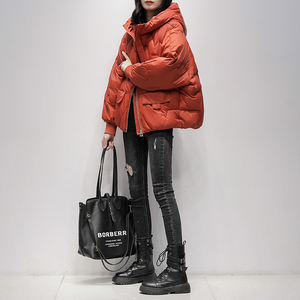 反季爆款2023年秋冬新款韩版短款茧型红色羽绒服女白鸭绒保暖外套