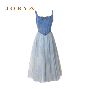 JORYA商场同款夏季新款蝴蝶结吊带牛仔拼接网纱连衣裙O125203E