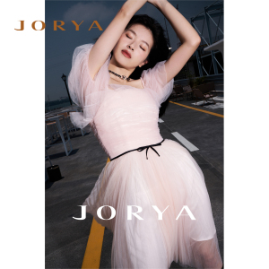 JORYA商场同款2022秋冬新款方领短袖粉色少女网纱连衣裙O149902E