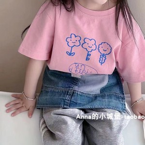 儿童休闲花朵T恤春夏款女童纯棉卡通印花短袖圆领宽松纯色打底衫