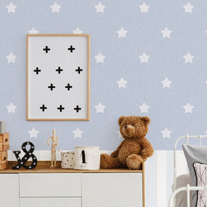 儿童房蓝色星星竖条AB版韩国环保墙纸可擦洗除甲醛壁纸超大16平米