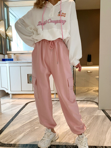 智研 韩国东大门时尚毛圈纯棉侧边口袋粉色宽松抽带休闲运动裤