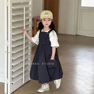 儿童裙子韩版女童纯色工装背带裙2024夏季新品宝宝洋气灯笼吊带裙