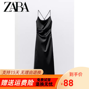 ZA夏季新款女款V领丝缎质感迷笛开叉黑色吊带连衣裙 2072794 800