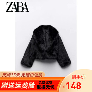 ZA秋冬款新品女装长袖人造皮草效果短款黑色夹克外套 6318260 800