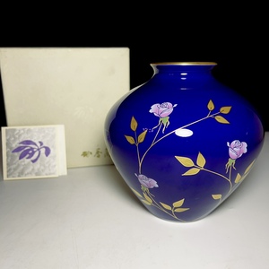 日本回流香兰社蓝釉玫瑰金叶描金花瓶摆件