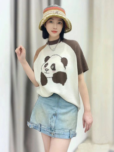 亲妈！2024夏新款插肩袖趣味熊猫圆领针织衫T恤休闲短袖上衣女