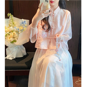 新中式复古国风两件套装裙女夏禅意盘扣衬衫上衣改良茶汉服连衣裙