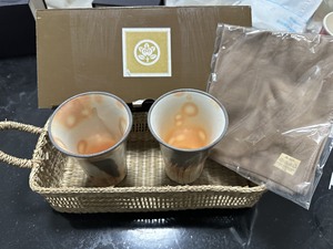 日本回流瓷器，萩烧橘吉刷毛目口杯夫妻杯情侣杯两个茶杯，带一个