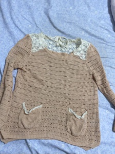 roem镂空蕾丝拼接毛衣，裸粉色，165/88A