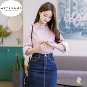 喜欢的话60转 attrangs韩国官网代购粉色条纹衬衫八成