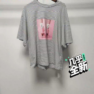 韩国代购yolo黑白条纹显瘦T恤短袖略宽松均码