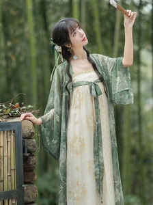 十三余小豆蔻儿[拂翠]夏日日常绿色印花对襟外套连衣裙汉元素套