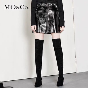 MOCO高腰圆环拉链口袋漆皮PU半身短裙MA174SKT00