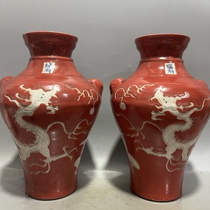 樞府季红雕刻白龙虎头瓶摆件老货老瓷器古董古玩老瓷瓶瓷器花瓶