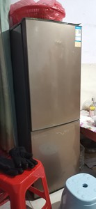 出海信 Hisense品牌的118升双门小型冰箱，颜色为香槟