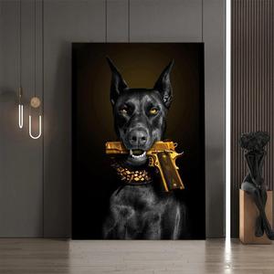 创意现代黑色豪华杜宾狗动物无框帆布画客厅家居墙壁装饰画芯