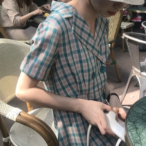 学院风连衣裙女夏季韩版新款ins超仙森系小个子格子西装裙子