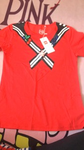 全新闲置季季乐品牌童装女童夏装红色假海军领圆领短袖T恤刺绣亮