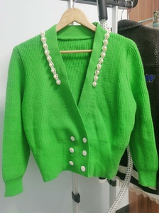 品牌代工厂资黛全新款香奶奶家山茶花系列高级绿色羊绒开衫毛衣，