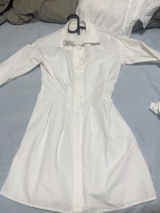 HM气质白色收腰褶皱系带长袖衬衫裙休闲百搭A摆显瘦连衣裙，是
