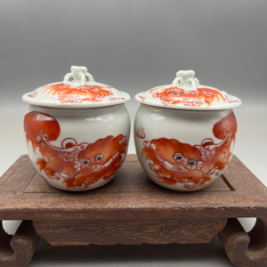 景德镇陶瓷手绘矾红彩太狮少保茶叶罐 盖罐 做工古朴 老味足