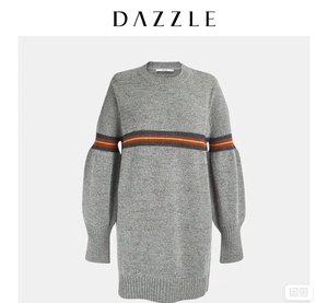 DAZZLE/地素国内代购新款拼色套头提花灯笼袖中长款毛衣女