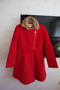 Season Wind季候风红色毛领羊毛呢大衣外套165码，