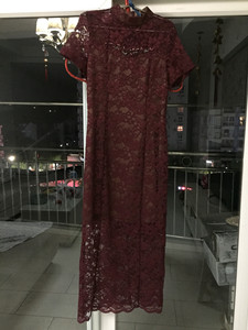 安秀A&S旗袍暗红色蕾丝镂空短袖中式复古长裙全新，专柜入，挺
