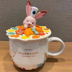 星巴克咖啡杯子枫叶萌狐狸兔子杯陶瓷马克杯桌面咖啡杯带盖