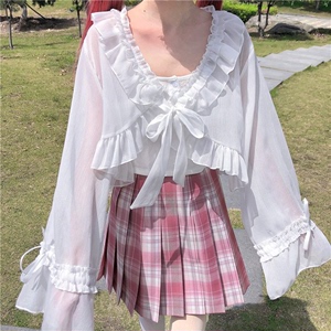 家有猫酱的原创日系洛丽塔jk裙子外搭长袖蕾丝雪纺衫仙女夏季薄