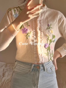 Vintage 古着70s 超级重工刺绣花朵毛衣开衫，有内衬