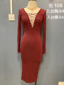 S码，枣红色，弹力针织人棉收身显瘦连衣裙，性感S身材超级修身
