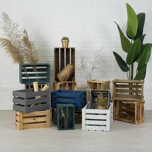 复古长方形旧木箱子实木收纳木框箱组合装饰木条箱陈列道具板条箱
