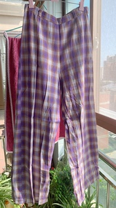 紫色ins幻彩拼色格子休闲长裤，穿过两次，料子应该是棉的还是