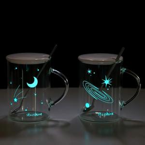 夜光耐热玻璃杯子带把家用办公室男女水杯茶咖啡透明马克杯带盖勺