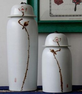 立秋陶瓷白色花鸟罐 摆件 中式花鸟