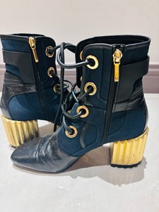 Dior迪奥深蓝色帆布拼皮小靴子，复古金属扣系带小跟鞋，38