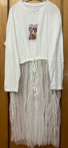 全新白色印花纯棉卫衣长袖拼接网纱裙连衣裙时尚潮流（连肩袖 肩