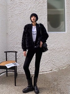 Ayuko 新款黑色羊毛卷毛皮草外套女士气质羊毛大衣长短款
