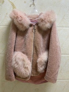 皮粉色羊剪绒大衣皮毛一体中长款拼狐狸毛水貂女外套