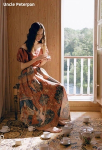 彼得潘大叔公主系列《卡拉布》砖红色复古宫廷收腰显瘦印花连衣裙